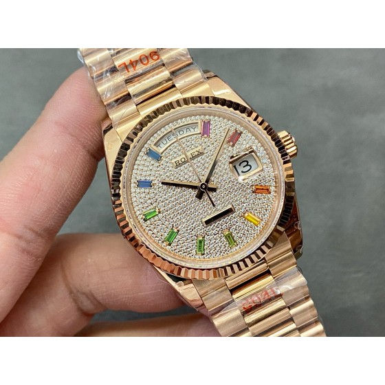 Sunday date display series women's watch with diamond-set dial, rose gold bezel, 36mm case, and rose gold President-style bracelet.